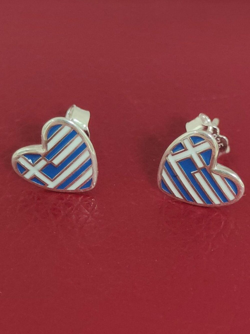 Greece Flag Heart Stud Earrings Women Jewelry Gift Sterling Silver with box